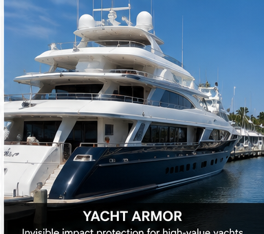 Superyacht with invisible impact-protection film applied to the hull