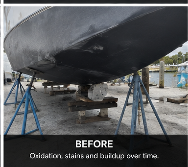 Boat hull before restoration, showing oxidation and buildup