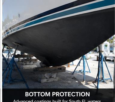 Boat hauled out on stands with fresh bottom protection applied