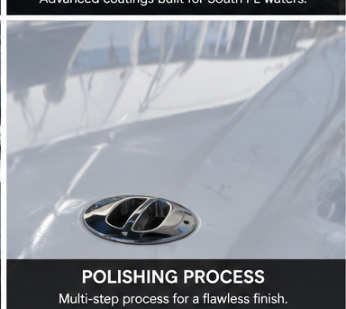 Close-up of a polished chrome emblem mid-process