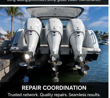 Triple outboard motors representing repair and mechanical coordination